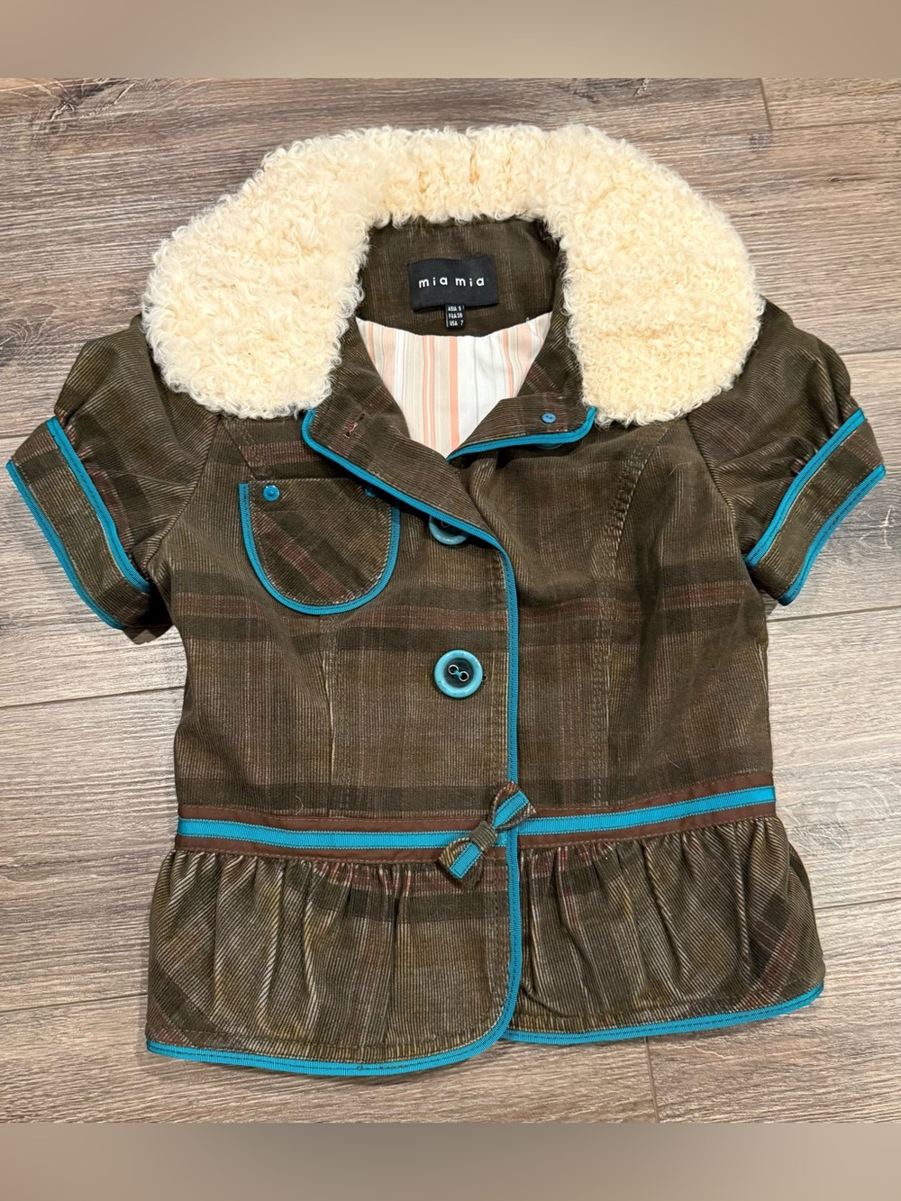Mia Mia Girls' Brown Corduroy Peplum Jacket with Cream Faux-Shearling Collar